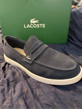 Lacoste Navy Suede Slip-On Penny Loafers with White Sole
